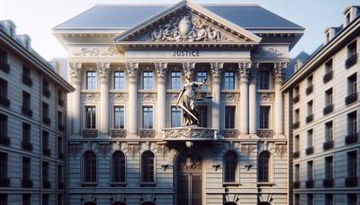 Extérieur de palais de justice français avec symbole des balances de la justice.