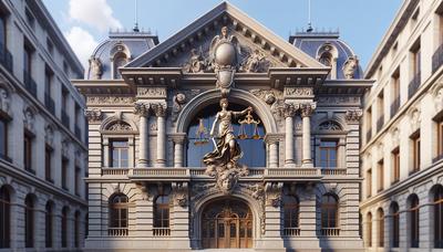 Extérieur d'un palais de justice français avec des balances de la justice.