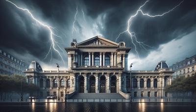 Extérieur d'un palais de justice français avec un ciel orageux.