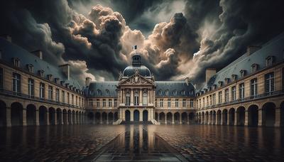 Palais de justice français avec des nuages sombres au-dessus.