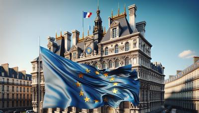 Palais de justice français avec drapeau de l'Union européenne visible.