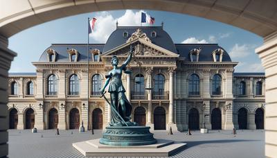 Palais de justice français avec drapeau et balance de la justice.