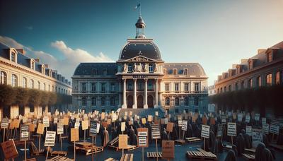 Palais de justice français avec foule de manifestants au premier plan.