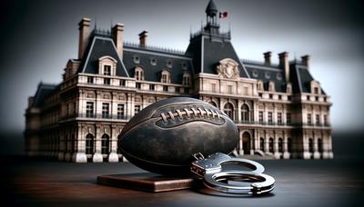 Palais de justice français avec ballon de rugby et menottes au premier plan