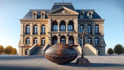 Palais de justice français avec ballon de rugby et balances de la justice.