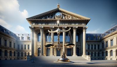 Palais de justice français avec une icône de balance de la justice.