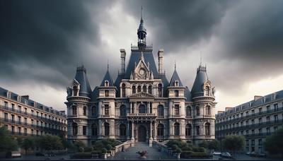 Palais de justice français avec une ambiance de ciel nuageux et sombre.