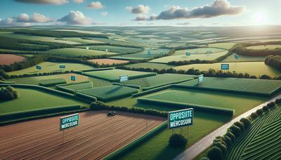 Ferme française avec des pancartes de protestation contre le Mercosur.