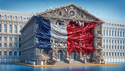 Drapeau français et bâtiment gouvernemental avec motifs abstraits.