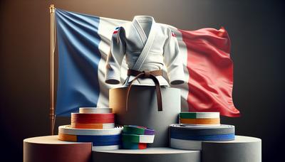 Drapeau français et ceintures de judo se chevauchant sur un podium