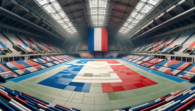 Drapeau français et tatamis de judo dans un stade.