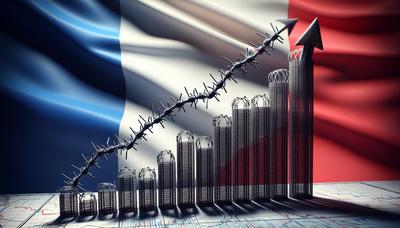 Graphique de l'indice boursier en hausse avec fil barbelé et drapeau français.