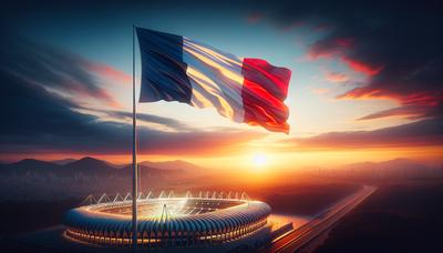 Drapeau français flottant au-dessus du stade olympique au coucher du soleil.