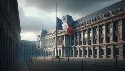 Drapeau français en berne devant le bâtiment gouvernemental atmosphère sombre.