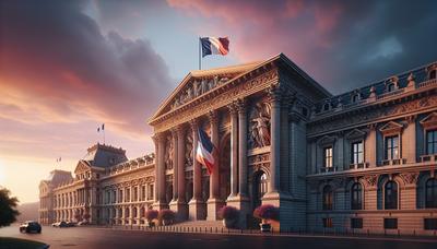 Drapeau français à côté d'un bâtiment gouvernemental au crépuscule