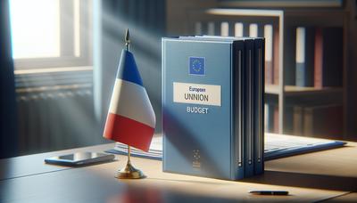 Drapeau français à côté des documents budgétaires de l'Union européenne.