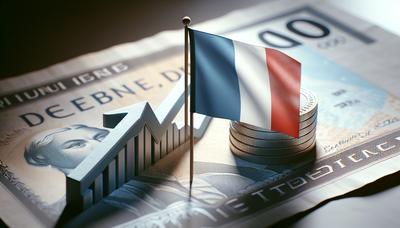 Bandiera francese accanto all'icona del grafico del debito in aumento