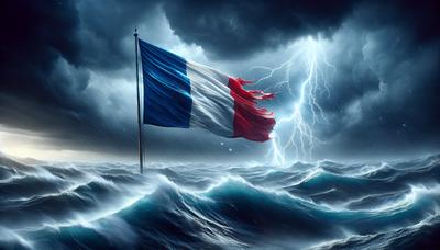 Drapeau français sur fond de tempête agitée.