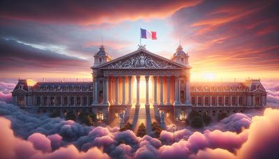 Drapeau français sur un bâtiment gouvernemental au lever du soleil.