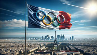 Drapeau français sur la silhouette de Paris avec des anneaux olympiques