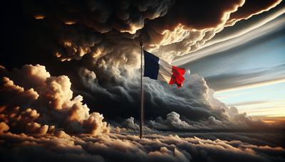 Drapeau français éclipsé par de sombres nuages orageux.