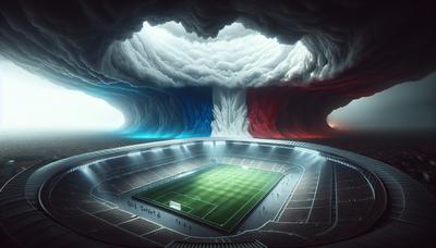 Drapeau français éclipsé par des nuages d'orage au-dessus du stade.