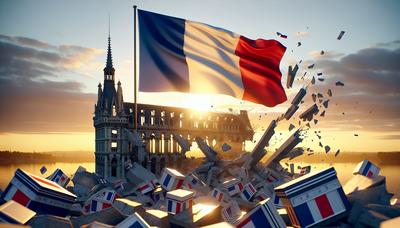 Bandeira da França, parlamento destroçado, urnas de eleição, sol nascente.

