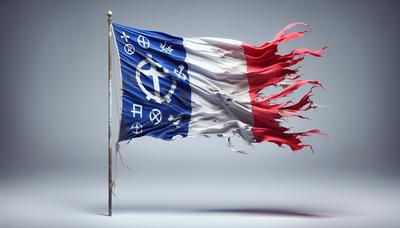 Bandera francesa desgarrada con símbolos de extrema derecha emergentes visibles.