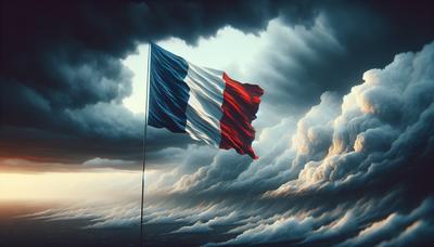 Drapeau français flottant parmi les nuages orageux.