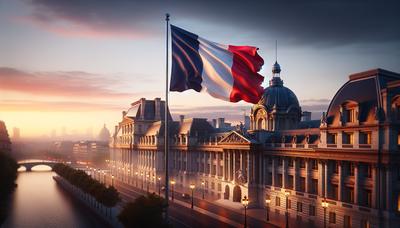 Drapeau français flottant sur un bâtiment gouvernemental au crépuscule.