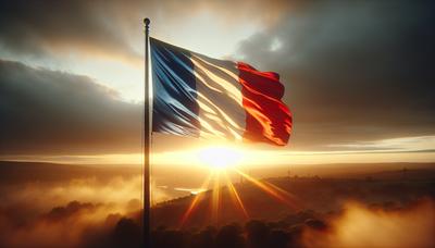 Drapeau français avec un soleil levant en arrière-plan