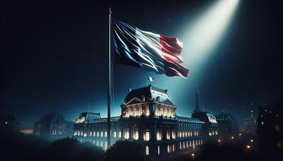 Drapeau français avec un projecteur et un bâtiment gouvernemental.