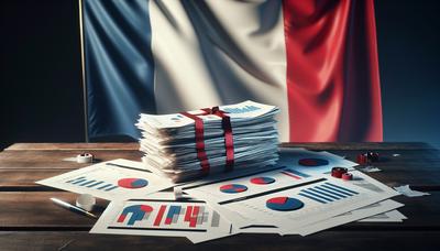 Drapeau français avec des documents budgétaires et de la paperasse.