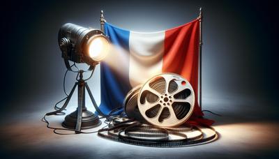 Drapeau français avec bobine de cinéma et projecteur.