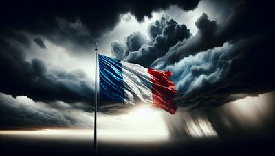 Drapeau français avec des nuages sombres au-dessus.