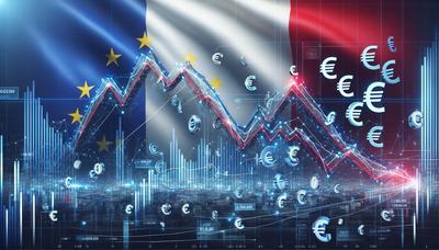 Drapeau français avec graphique financier en baisse et signes euro.