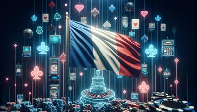 Drapeau français avec des symboles de casino numérique en arrière-plan.