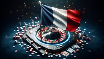 Drapeau français avec roulette numérique et cartes à jouer.