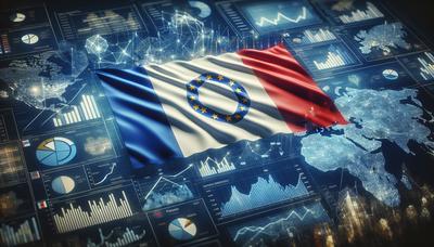 Bandiera francese con grafici economici e mappa dell'Unione Europea.