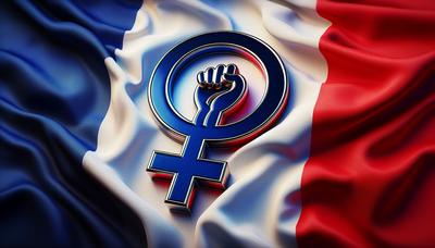 Drapeau français avec des symboles et messages féministes inspirants.