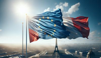 Drapeau français avec drapeau de l'Union européenne en arrière-plan.