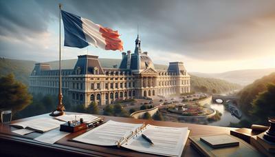 Bandera francesa con edificio gubernamental y documentos de consulta.