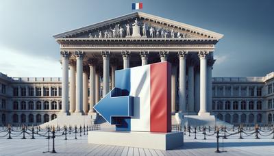 Drapeau français avec bâtiment gouvernemental et flèche vers la droite.