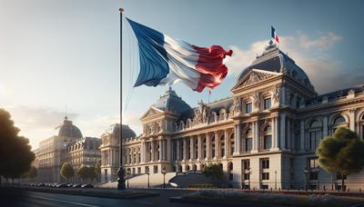 Drapeau français avec bâtiment gouvernemental en arrière-plan.