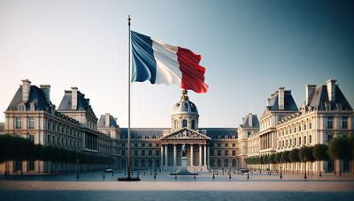 Drapeau français avec des bâtiments gouvernementaux en arrière-plan.