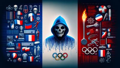 Bandeira da França com símbolos de hacker e ícones olímpicos