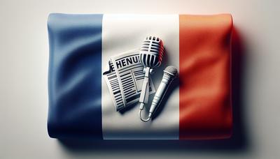 Drapeau français avec des symboles de journal et de microphone.