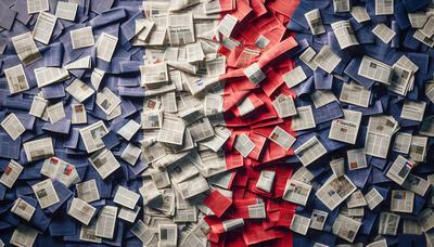 Drapeau français avec journaux et texte flou superposé.