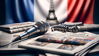 Drapeau français avec des journaux et un microphone au premier plan.