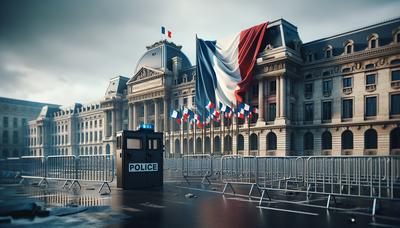 Drapeau français avec barrière de police et bâtiment gouvernemental.